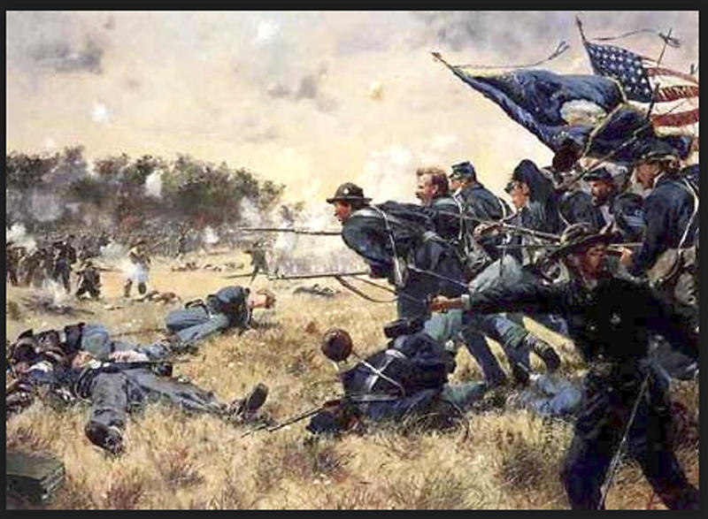 A painting depicting a Civil War battle scene.